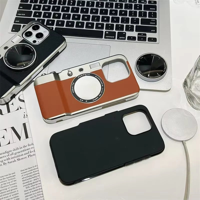 Retro Bluetooth Camera Magnetic Phone Case for Magsafe Iphone 12 13 14 15 Pro Max Cosmetic Mirror 15 Mirror Hard PC Phone Cover