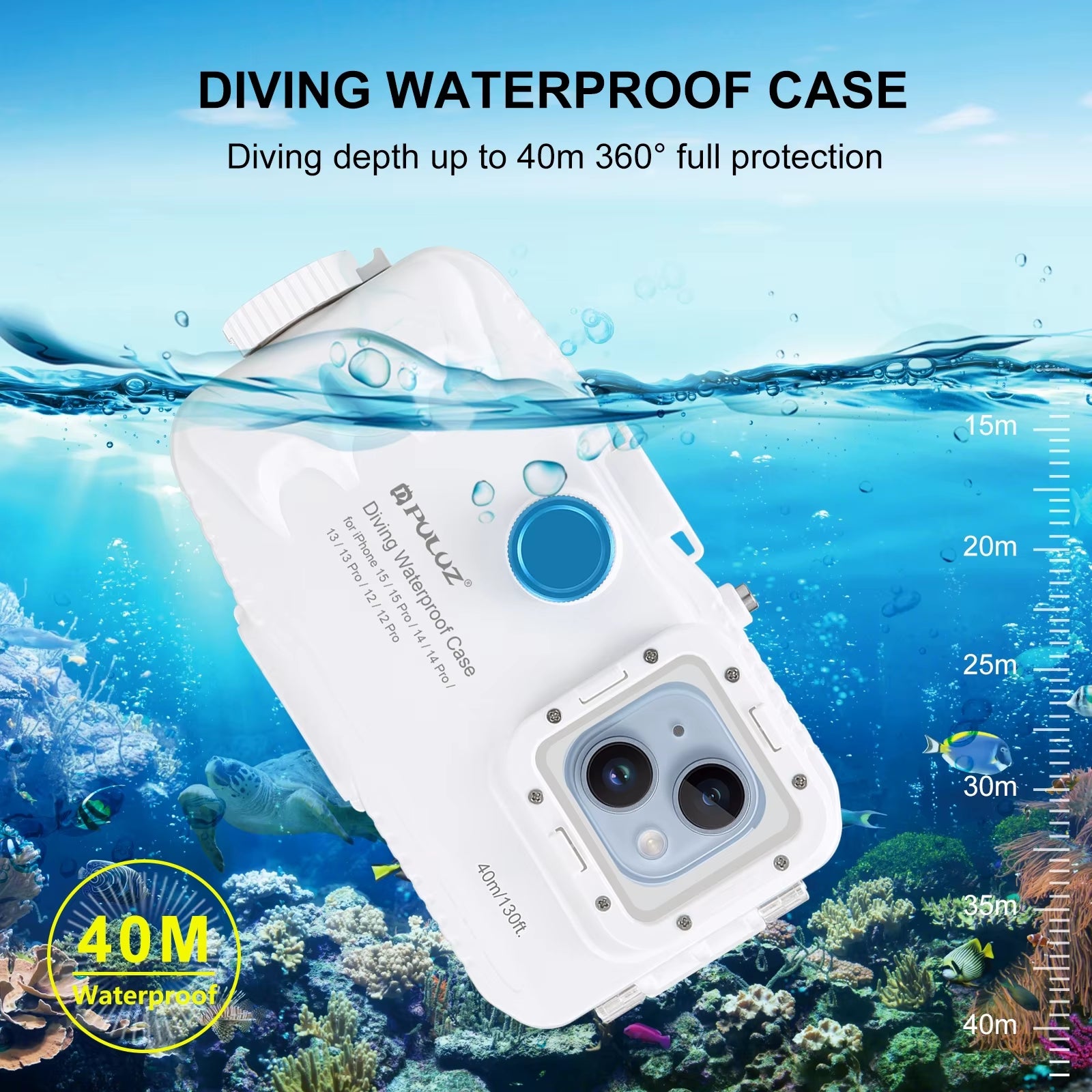 PULUZ Waterproof Diving Case for iPhone 12-15 Pro, 40M/130Ft