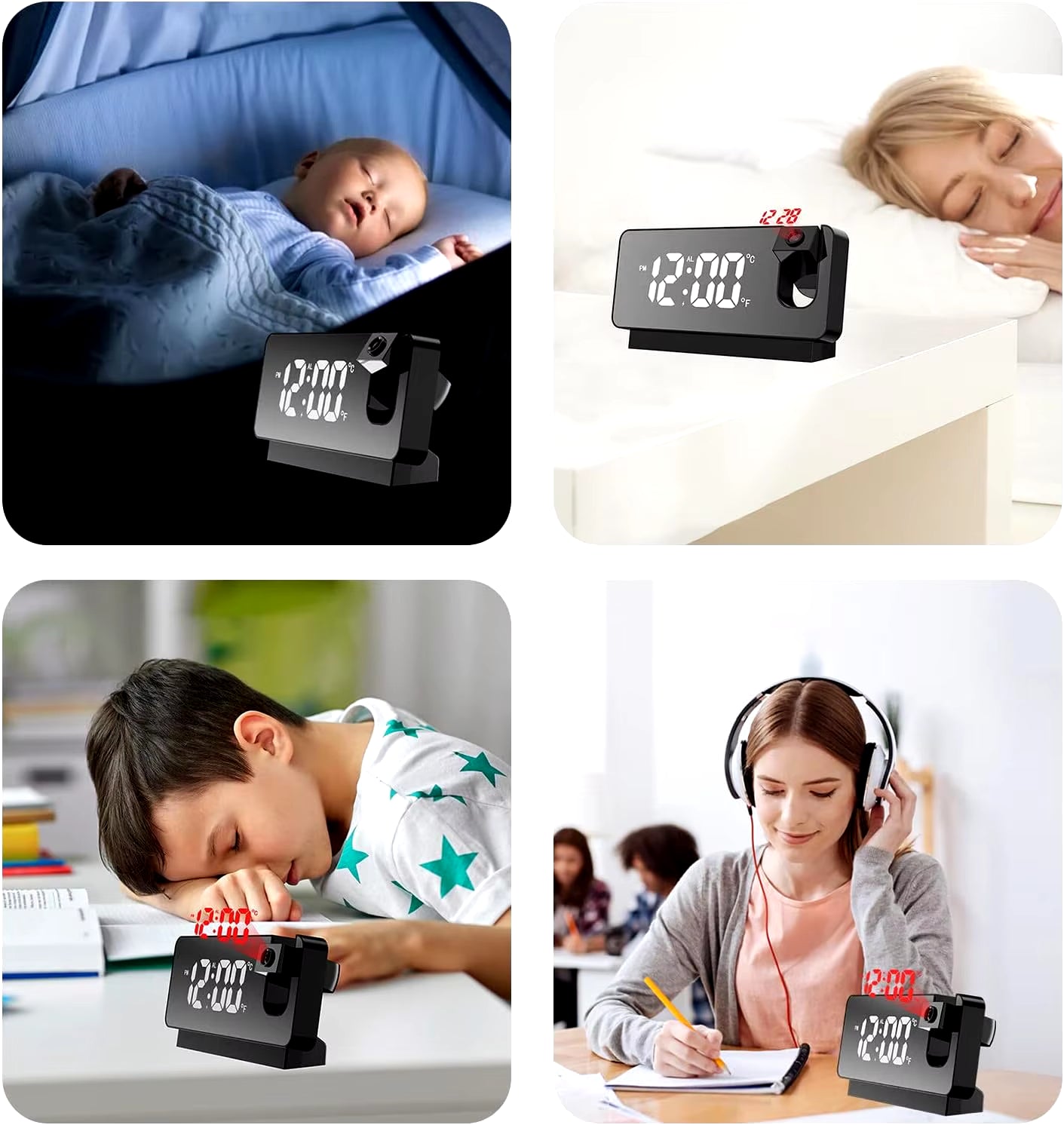 360° Projection Digital Alarm Clock with LED Display, Date & Temperature