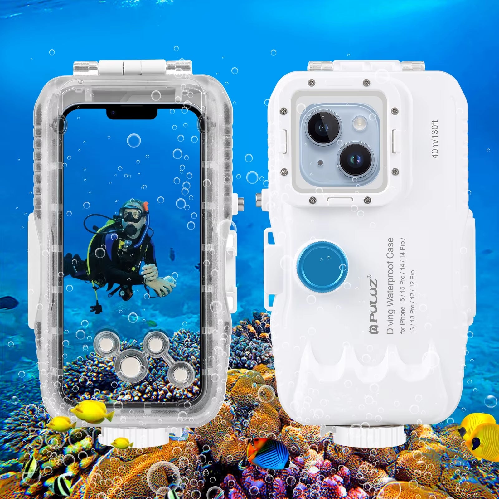 PULUZ Waterproof Diving Case for iPhone 12-15 Pro, 40M/130Ft