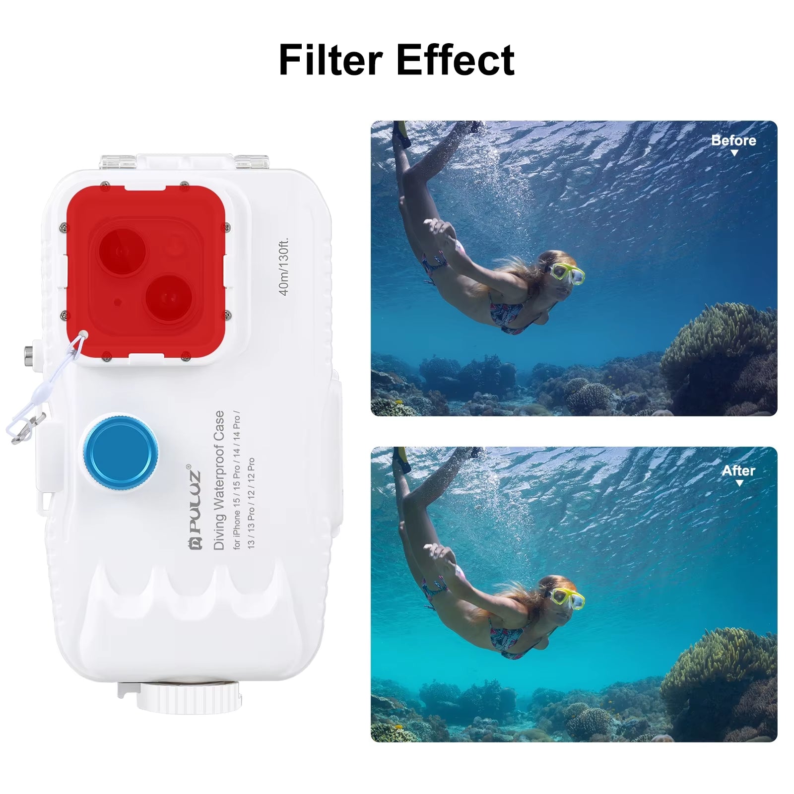 PULUZ Waterproof Diving Case for iPhone 12-15 Pro, 40M/130Ft